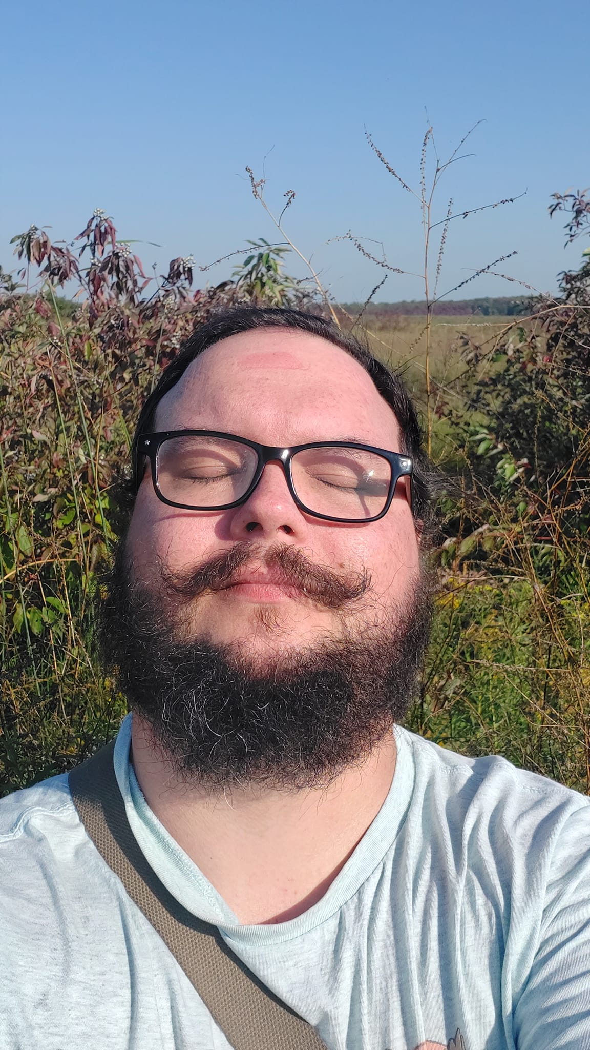 A man with short hair and bushy facial hair sits on a bench in a marsh looking contented and relaxed